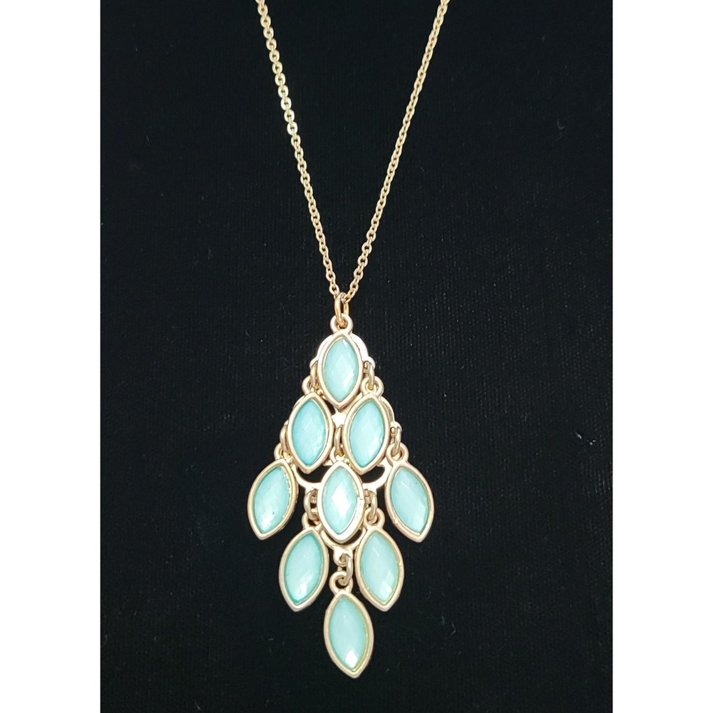 Vintage‎ Aqua Blue Beach Checkerboard Teardrop Statement Dangle Necklace 18"